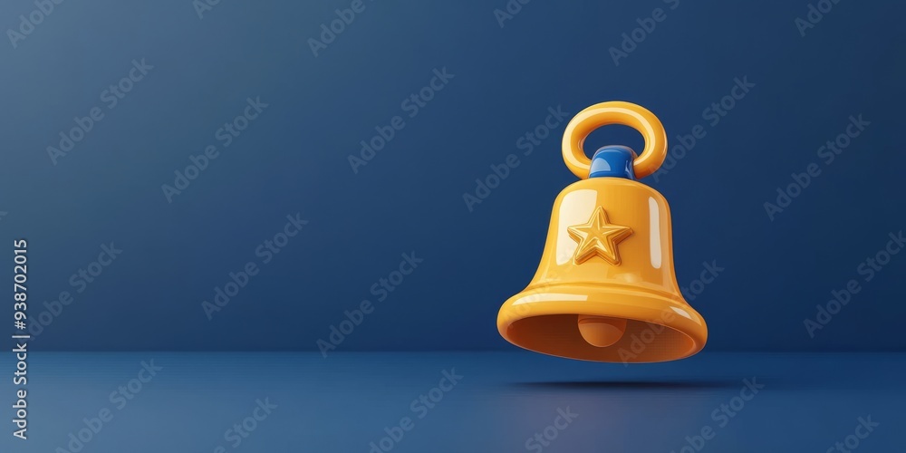 Poster a 3d simple style icon of a bell with a star representing notifications and alerts in a digital envi
