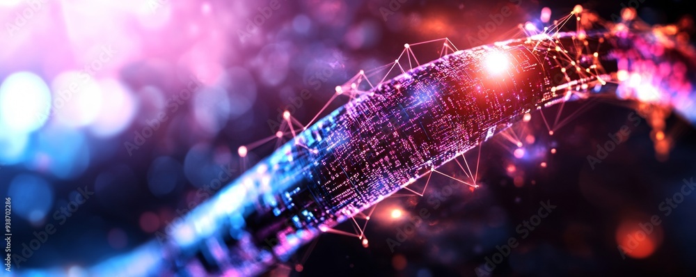 Poster abstract digital artwork featuring vibrant colors and intricate patterns, representing technology an
