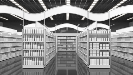 Supermarket interior mockup with shelving of blank goods, toppers and advertising aisle arches displays. Shelving with wave-shaped arches and toppers. 3d illustration
