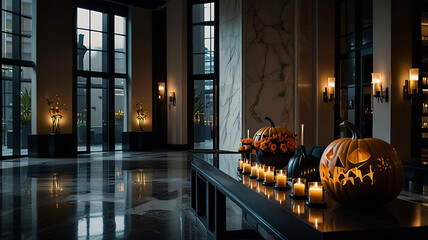 Fototapeta premium Elegant Modern Interior with Halloween Pumpkin Decorations