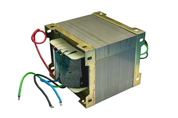 Power transformer of electrical device for amplifier isolated on white background with clipping path.