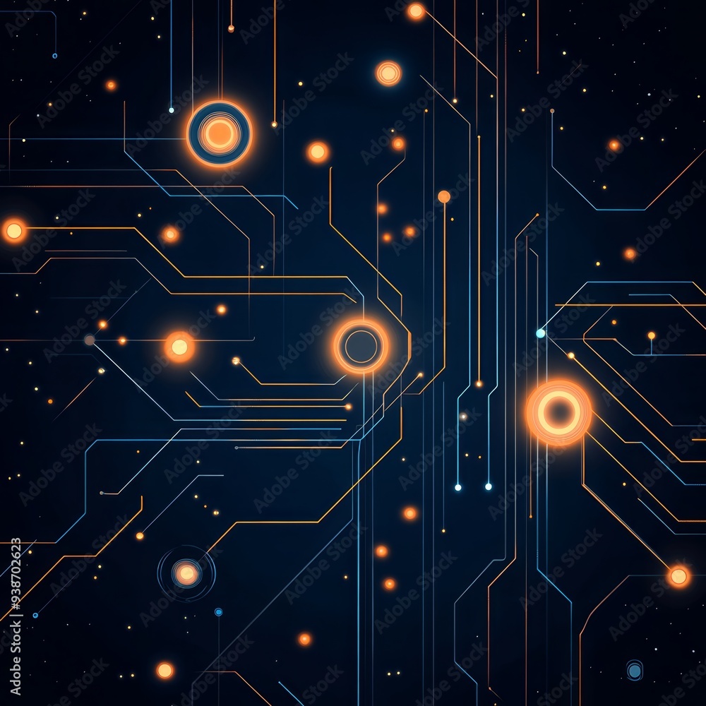 Poster futuristic digital circuit board with glowing connections and nodes, representing advanced technolog