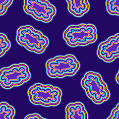 Colorful groovy hippie pattern with geometric shapes on blue background