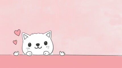 A simple and charming illustration of a white cartoon cat with three pink hearts, set against a pink and white background