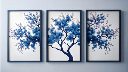 set of three vertical poster, minimalist blue tree wall art deco