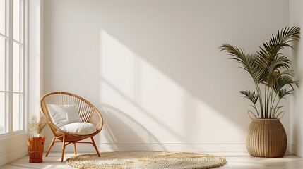 A wicker chair with a white cushion sits in a minimalist living room with a potted palm tree and a round rug.