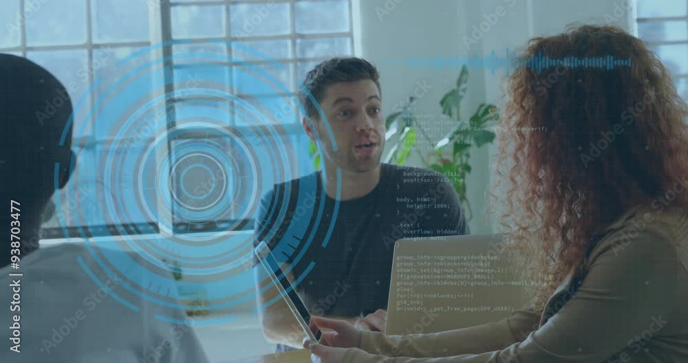 Aufkleber discussing project, diverse team in business meeting with digital interface animation