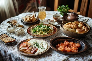A Rustic Table Setting with a Variety of Dishes and Drinks