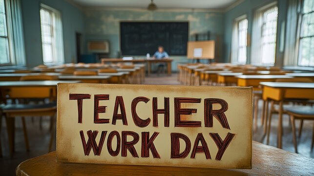 A sign that reads &ldquo;TEACHER WORK DAY&rdquo; - empty classroom - no students - teacher is grading papers and working  - school 
