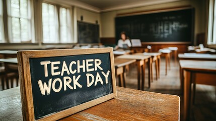 A sign that reads &ldquo;TEACHER WORK DAY&rdquo; - empty classroom - no students - teacher is grading papers and working  - school 