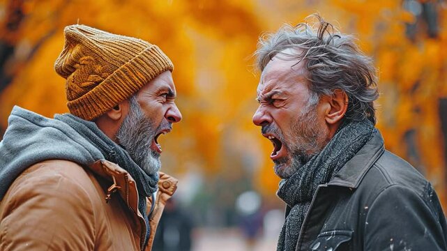 Anger-filled man shoving a menacing man outside settling issue force, hostility