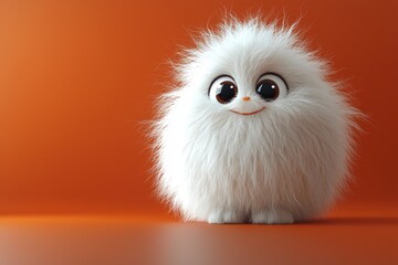 Fototapeta premium A cute fluffy monster with big eyes and a smile against a bright orange background, ideal for Halloween designs and festive decorations with copy space.