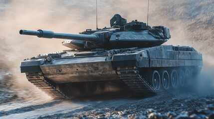A modern battle tank on the move, displaying its military strength and technology in a realistic setting.