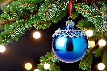A blue ornament hangs from a Christmas tree