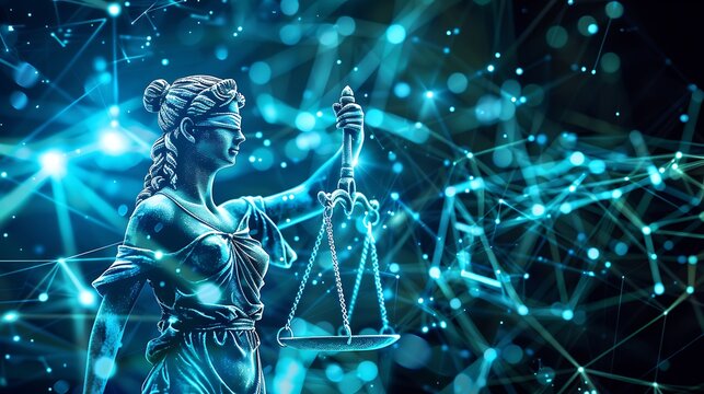 Lady Justice symbol standing against digital network background for representing impact of technology on legal systems and future of justice concept.