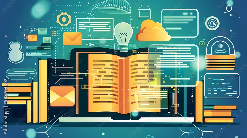 Poster open book on a laptop with digital icons floating around it. the image represents the concept of dig