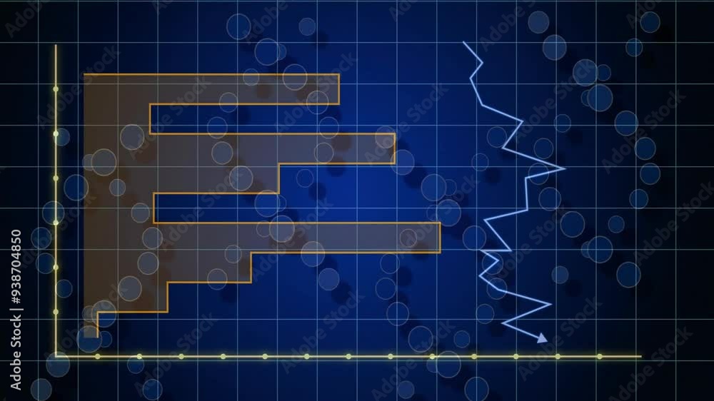 Poster bar and line graph animation over blue grid background with circular data points