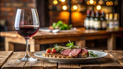 Assiette de viande et verre de vin sur table de bistrot, viande, assiette, table, bistrot, verre, vin, repas