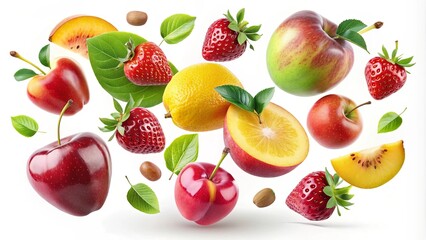 Naklejka premium Fruits floating in zero gravity on a white background including apple, mango, kiwi, leaves, pear