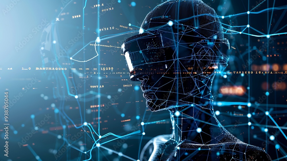 Aufkleber digital avatar wearing a vr headset, immersed in a futuristic world of interconnected lines and data