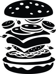 A deconstructed burger silhouette illustration black and white