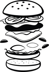 A deconstructed burger silhouette illustration black and white