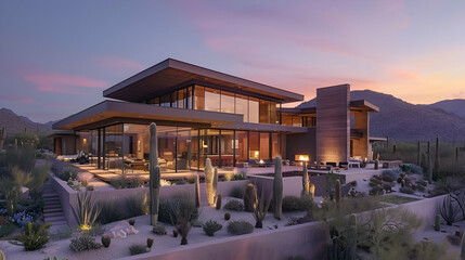 Obraz premium Modern desert home exterior at sunset with flat roof design, cactus garden, recessed lighting, panoramic windows, and a backdrop of desert mountains