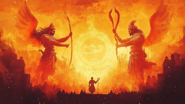 poster for Happy Dussehra with Lord Rama killing Ravana on Navratri festival in India. Ai generated image