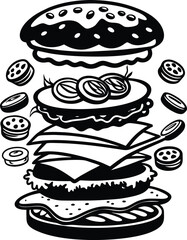 A deconstructed burger silhouette illustration black and white