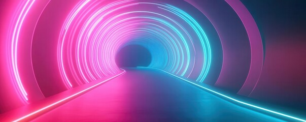 A 3D glowing neon tunnel with light streaks pulling the viewer in, 3D glow, tunnel, futuristic