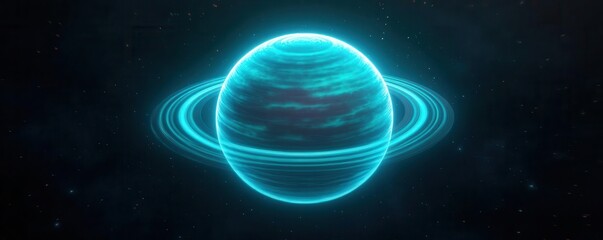 A 3D glowing planet surrounded by shimmering rings, floating in deep space, 3D glow, planet, space