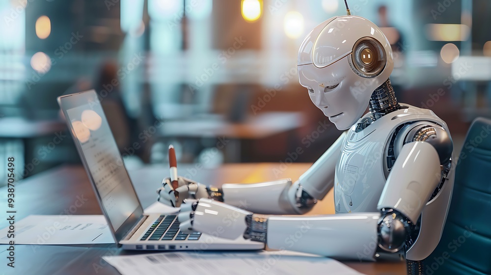 Poster white robot sits at a desk using a laptop a digital representation of the future of work and automat