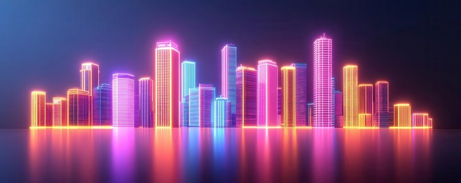 A glowing 3D city skyline at night, with neon lights illuminating the buildings, 3D glow, cityscape, urban