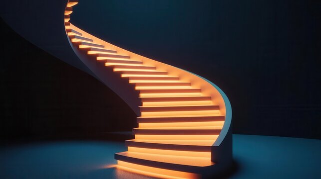 A glowing 3D spiral staircase twisting upwards into the darkness, 3D glow, staircase, surreal
