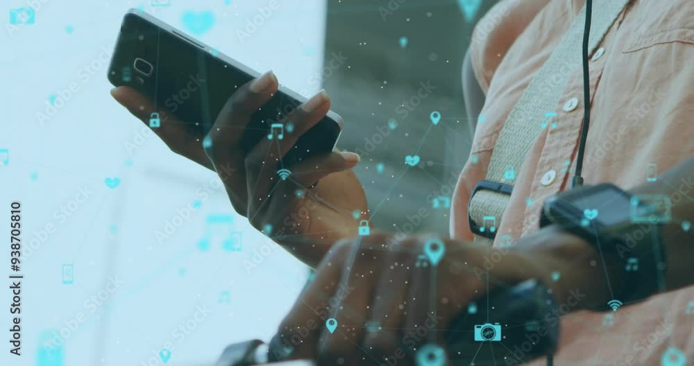 Poster using smartphone and smartwatch, person interacting with digital icons animation