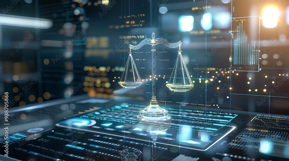 Poster digital representation of scales of justice, suggesting the evolving nature of law in a technologica