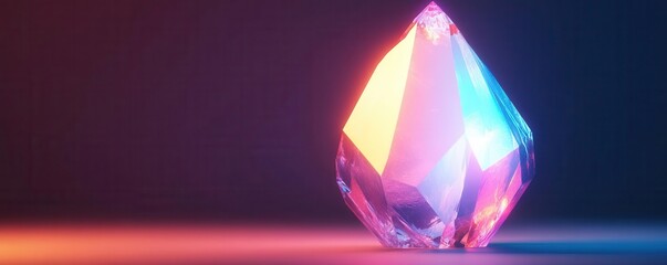 A 3D glowing crystal with facets reflecting neon colors, 3D glow, crystal, fantasy