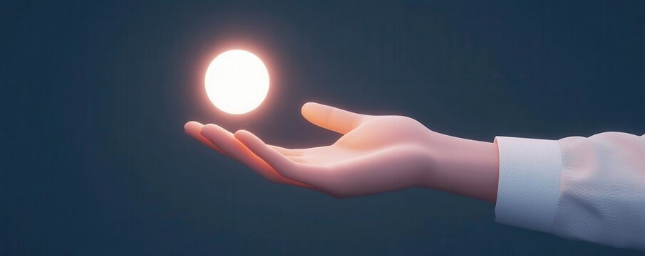 A glowing 3D hand holding a floating orb of light, 3D glow, hand, magic
