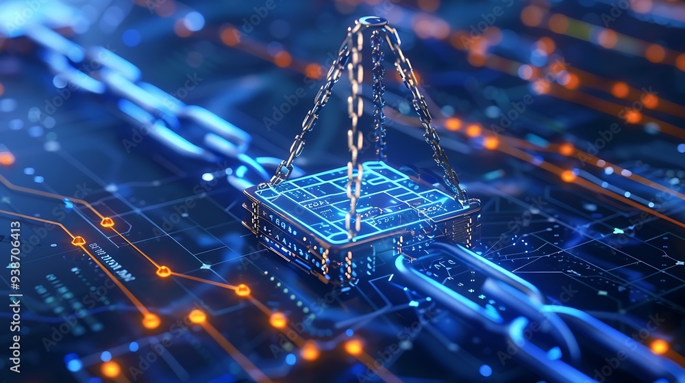 Poster futuristic digital security represented by a metal box secured by chains on a circuit board, symboli