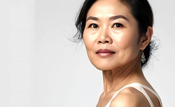 Middle-aged Asian pretty attractive woman with natural beauty and healthy radiant fair skin on white background, for beauty content