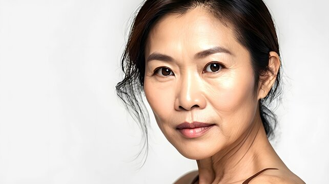 Middle-aged Asian pretty attractive woman with natural beauty and healthy radiant fair skin on white background, for beauty content