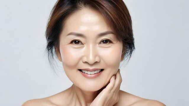 Middle-aged Asian pretty attractive woman with natural beauty and healthy radiant fair skin on white background, for beauty content