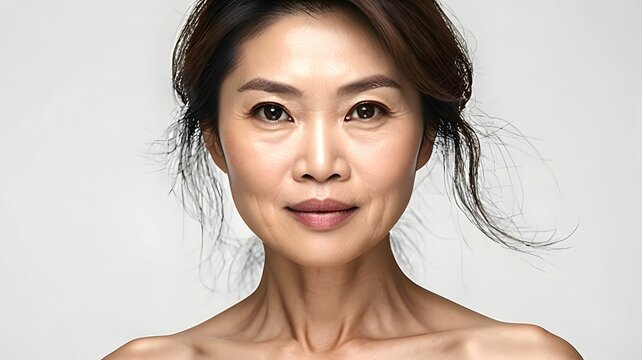 Middle-aged Asian pretty attractive woman with natural beauty and healthy radiant fair skin on white background, for beauty content