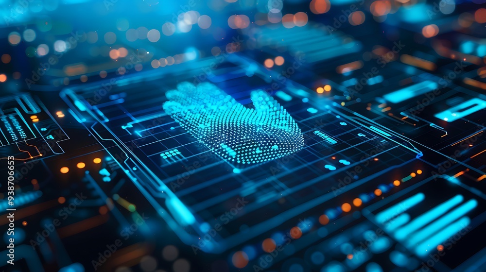 Poster digital handprint formed by glowing blue dots, symbolizing cybersecurity and the importance of digit
