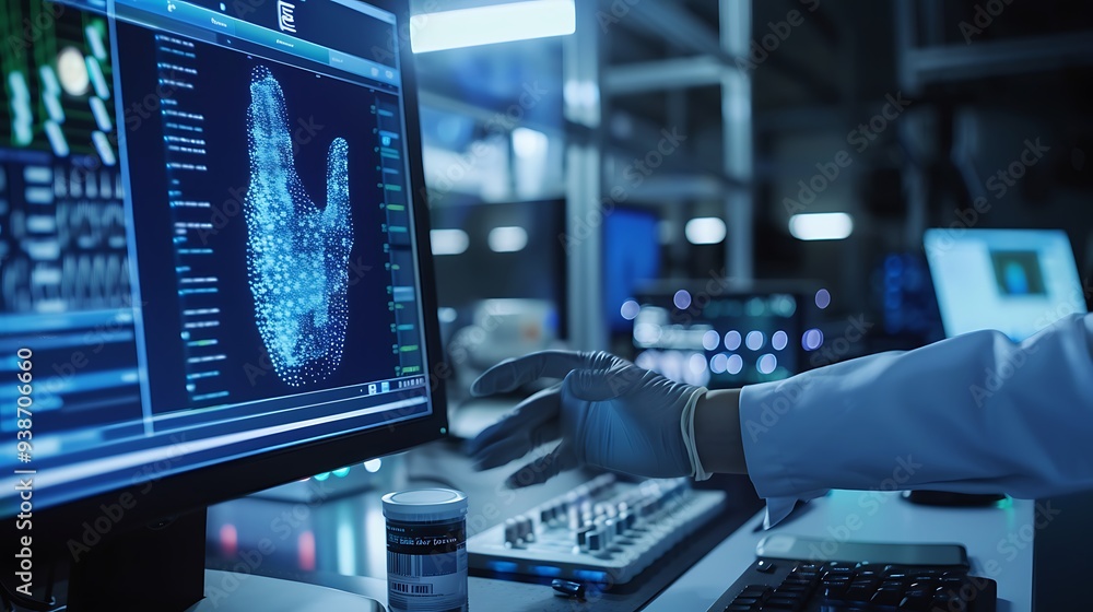 Poster scientist wearing gloves analyzes data on a computer screen in a laboratory setting.