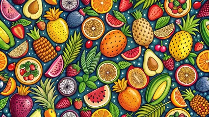 Tropical Fruits seamless pattern with colorful doodle graphics, tropical, fruits, seamless, pattern, doodle, colorful, design