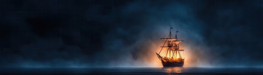 Obraz premium A majestic ship illuminated by flames sails through a dark, foggy sea, evoking mystery and adventure in the night.