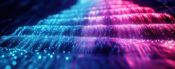 A glowing 3D waterfall cascading down, with light particles in the mist, 3D glow, waterfall, nature