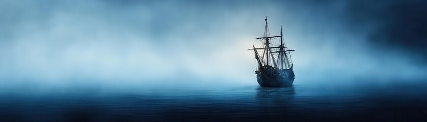 Fototapeta premium A mysterious ship appears through the fog, creating an atmosphere of adventure and solitude on the calm sea.