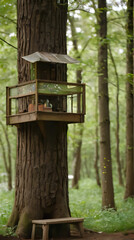 a bird house on a tree in the woods